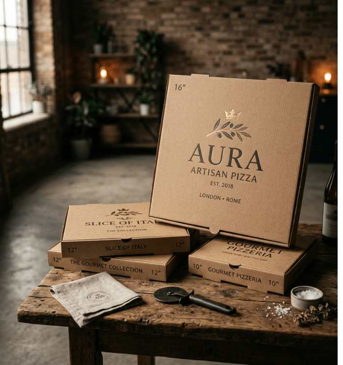 Custom printed pizza boxes with modern branding and logo design for restaurant packaging