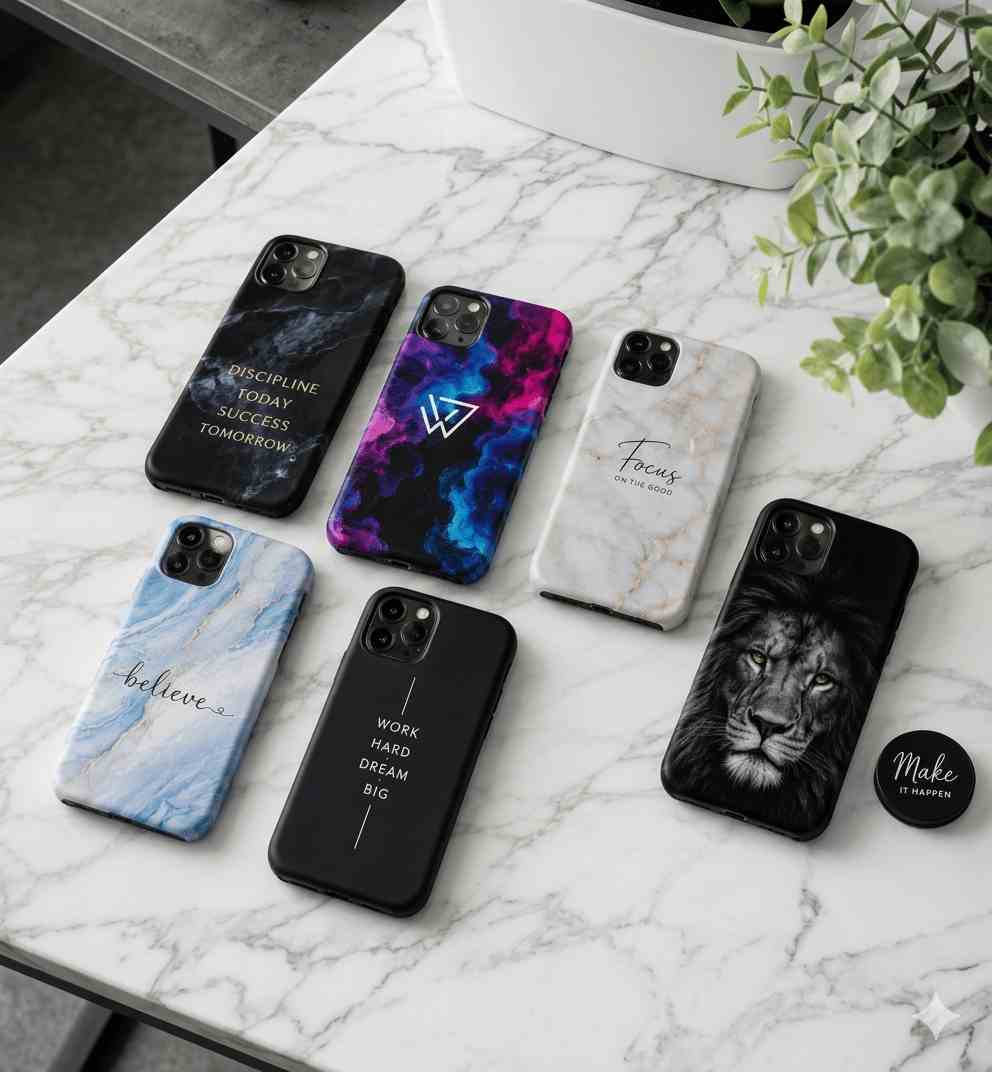 Custom printed mobile phone covers by Wrapify displayed on white marble table with premium modern graphic designs