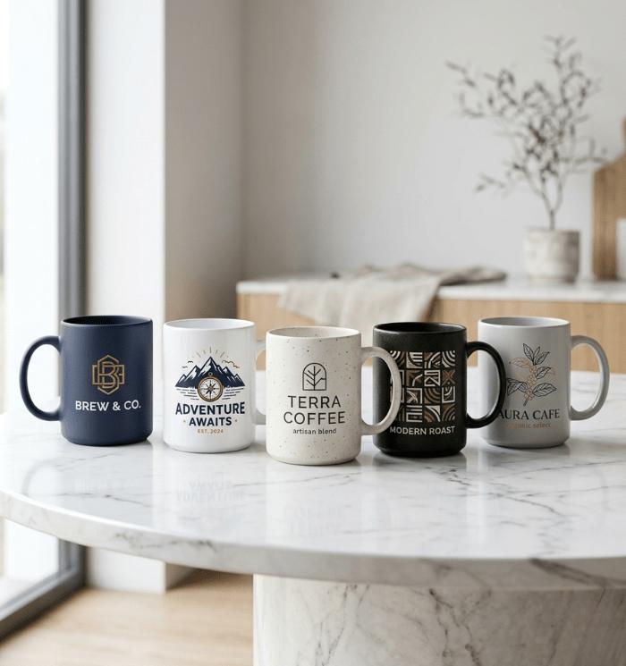 Custom printed ceramic mugs with logo branding and creative graphic designs in premium studio setup
