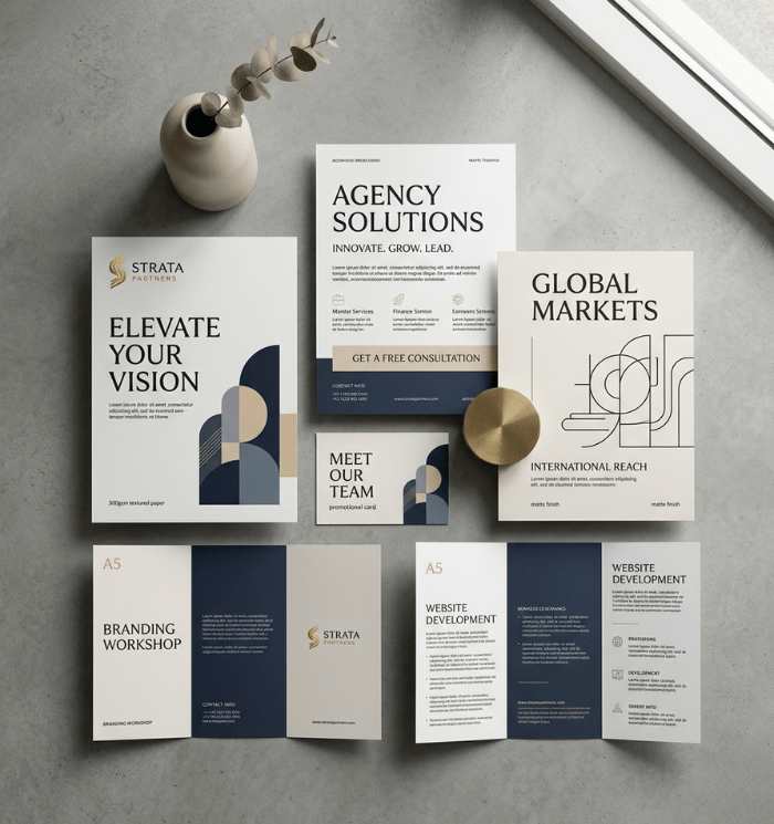 Custom printed flyers with bold typography and vibrant branding in premium studio setup