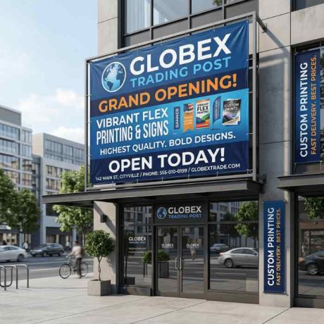 Custom printed panaflex banners with bold branding graphics displayed outside commercial shopfront