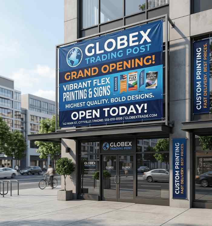 Custom printed panaflex banners with bold branding graphics displayed outside commercial shopfront